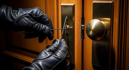 A gloved hand uses a lock pick to unlock a door. The scene conveys the act of burglary, emphasizing stealth and criminal intent.