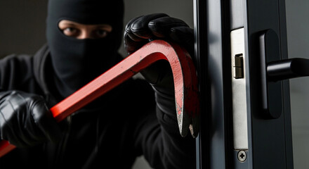 A masked burglar attempts to break into a door using a crowbar. The scene conveys themes of theft and crime.