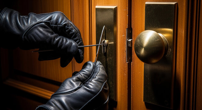 A gloved hand uses a lock pick to unlock a door. The scene conveys the act of burglary, emphasizing stealth and criminal intent.