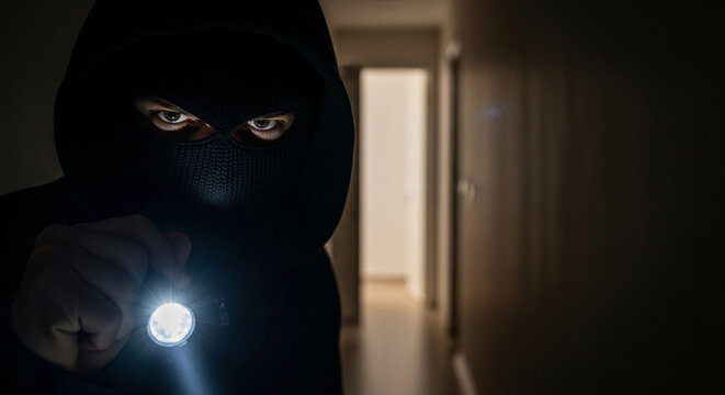 A masked thief in a dark hallway holds a flashlight. The figure wears a black hoodie and a mask, emphasizing a sense of stealth and danger.
