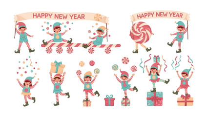 Festive Elves: A whimsical illustration of cheerful elves celebrating the New Year. They are surrounded by festive decorations and gifts. The overall atmosphere is lighthearted and joyful.