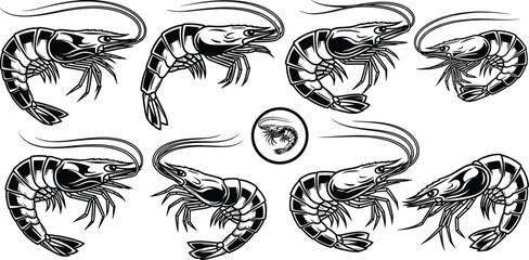 Shrimp icons silhouette, seafood illustration, black symbols, marine animal, crustacean design, culinary art, aquatic life, vector style, gourmet element