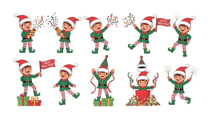 Christmas Elf Festive: A collection of delightful elf characters, exuding holiday cheer, each adorned in a festive green and red ensemble, celebrating Christmas and New Year.