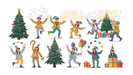 Holiday Joy: Festive people celebrate amidst the vibrant glow of twinkling lights and adorned Christmas trees, evoking the spirit of merriment.