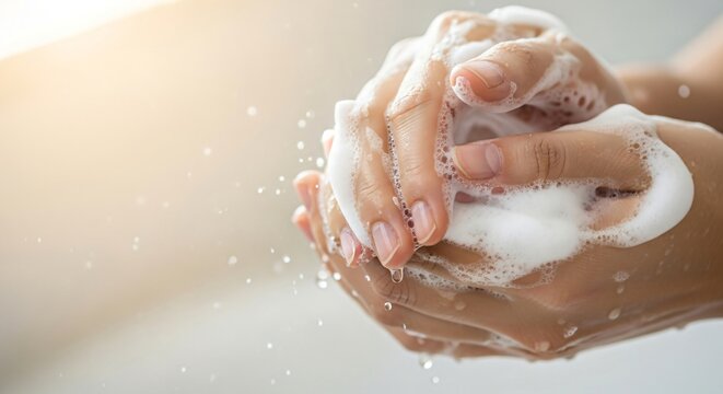 Person washing hands with soap and water. Personal hygiene and healthcare concept. Coronavirus prevention and cleanliness for healthy living.