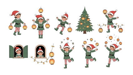 Holiday Elf Delights: Festive illustrations of joyful elves, bedecked in holiday attire, bring merriment to the scene, as they engage in playful activities with lantern and illuminated ornament