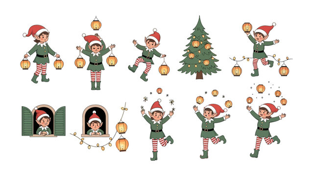 Holiday Elf Delights: Festive illustrations of joyful elves, bedecked in holiday attire, bring merriment to the scene, as they engage in playful activities with lantern and illuminated ornament