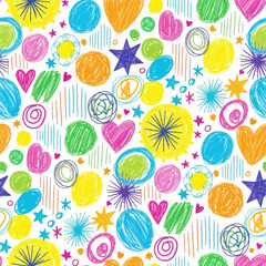 Vibrant hand drawn seamless pattern with hearts and stars for playful designs and cheerful backgrounds