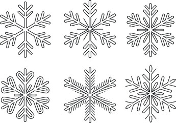Six black line art snowflakes on white background winter