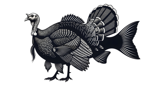 Hybrid creature turkey fish illustration isolated on transparent background