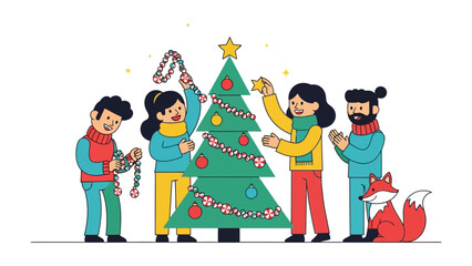 Festive Decoration: A group of diverse individuals come together to decorate the christmas tree with ornaments, the scene radiates warmth, unity and anticipation.