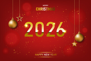 Christmas holiday greeting card with golden ornaments on red background with bokeh