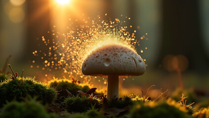Puffball Mushroom Releasing Spores in Golden Forest Light – Nature Macro Photography