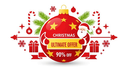 Festive Christmas Offer: A vibrant holiday promotion featuring a jolly Santa Claus, a cheerful red ornament, and enticing elements for Christmas sales.