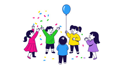 Joyful Celebration with Balloon: A group of children celebrate a joyous occasion, with confetti raining down and a bright blue balloon floating above them, creating a scene of pure.