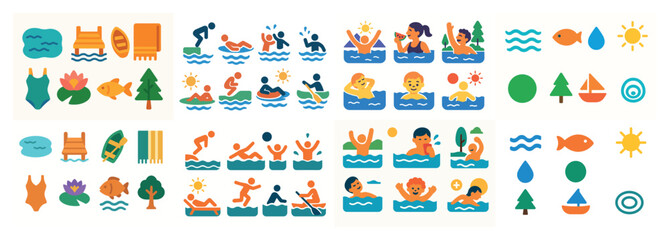 Colorful swimming icons and summer activities