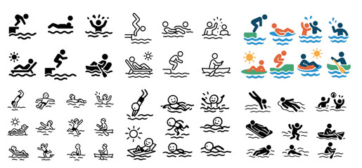 Fototapeta premium Various swimming icons in outline and color styles