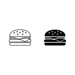 Simple outline and silhouette icons of a classic cheeseburger