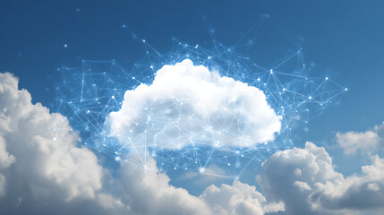 White cloud connected by glowing blue network lines in a bright blue sky technology data