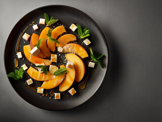 Detailed top-view image showcases a vibrant peach salad with spiraled slices, crumbled feta, and fresh mint. Honey drizzles add shine and sweetness. A refined summer dish with rich texture