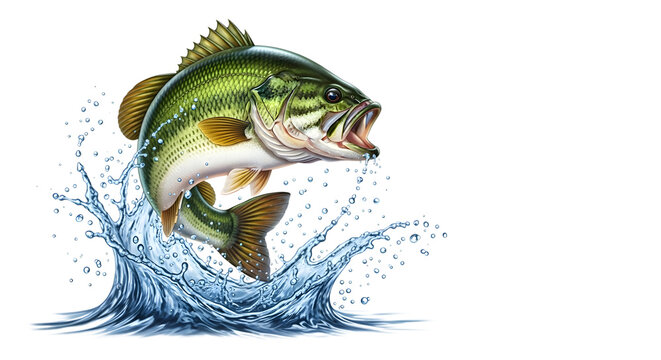 Largemouth bass fish jumping out of water isolated on transparent background