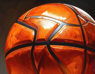Gleaming orange basketball close-up, intense lighting