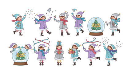 Festive Holiday Playtime: A delightful collection of children engaging in joyful winter activities, adorned in festive attire, spreading cheer and merriment.