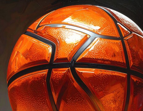 Gleaming orange basketball close-up, intense lighting