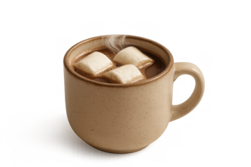 Hot cocoa drink with melting marshmallows in a rustic ceramic mug, creating steam, transparent background