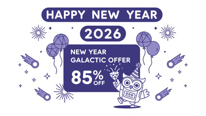Galactic New Year Offer 2026: An illustration showcases a festive greeting for the new year with an astronomical twist, featuring a cheerful mascot with celebratory elements and attractive discounts.