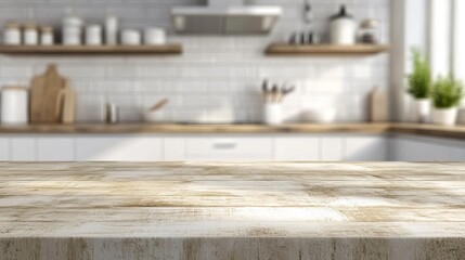 Rustic wooden tabletop in sunlit kitchen perfect for showcasing food products or stylish kitchenware in your next advertising campaign or blog post