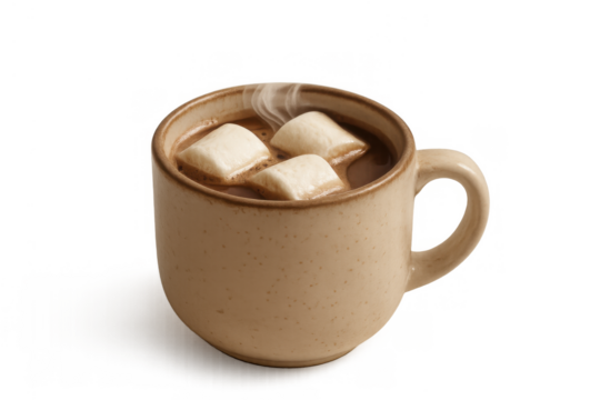 Hot cocoa drink with melting marshmallows in a rustic ceramic mug, creating steam, transparent background