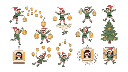 Holiday Elves Collection: A delightful compilation of cheerful elves, each embracing the festive spirit with enchanting lanterns, alongside an adorned Christmas tree and joyful elements.