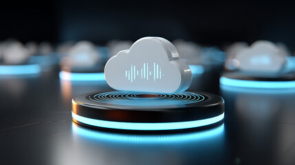 White cloud icon with audio waves on illuminated platform cloud computing technology