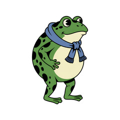 Fototapeta premium Frog dressed in a blue scarf standing upright with a friendly expression on a plain background