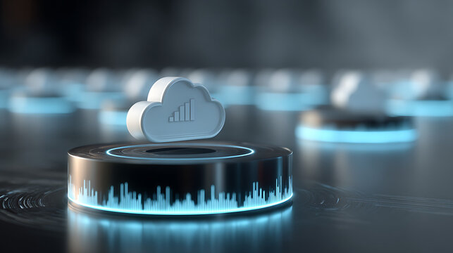 White cloud icon with signal bars on illuminated platform cloud computing technology