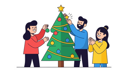 Festive Family: A heartwarming scene unfolds as a family joyfully decorates a Christmas tree, radiating warmth and togetherness during the holiday season.