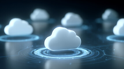 White cloud icons floating on glowing blue digital platforms cloud computing technology
