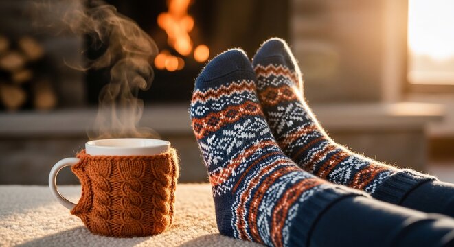 Cozy vibes with warm socks and hot coffee by the fireplace, perfect for relaxing winter evenings and holiday celebrations