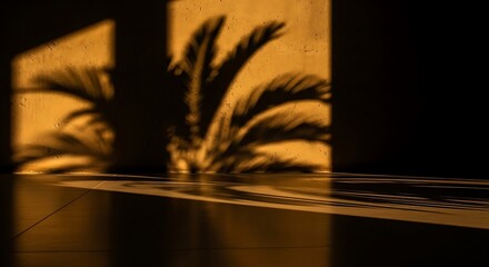 Abstract shadows of palm leaves cast by sunlight on a textured wall and floor, creating a warm and moody tropical atmosphere