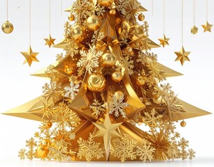 Golden Christmas tree with ornaments and stars