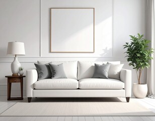 Clean, bright living room with sofa, plant, and blank frame