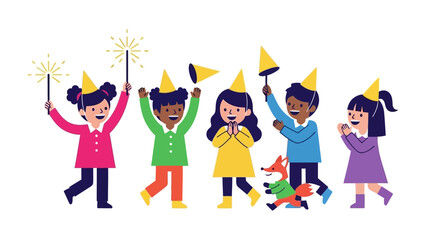 Playful Celebration: Delightful children revel in a joyous gathering, adorned with party hats and holding sparklers, symbolizing festive moments of togetherness.