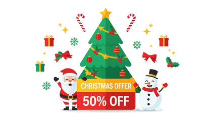 Festive Christmas Offer: A cheerful scene with Santa Claus and a snowman surrounded by gifts, a Christmas tree, and candy canes announcing a holiday promotion.