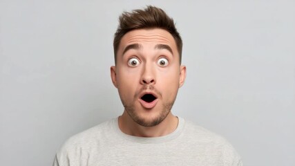 Young man with surprised expression and wide eyes on gray background, showcasing genuine emotion and engaging facial reaction in a playful setting
