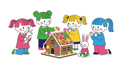 Kids Decorating Gingerbread House: Four children collaborate with playful determination and creativity to decorate a gingerbread house, showcasing the joy of festive traditions, and imagination.