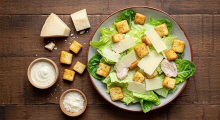 Overhead view of a Caesar salad with croutons, parmesan cheese, and dressing on a wooden table.