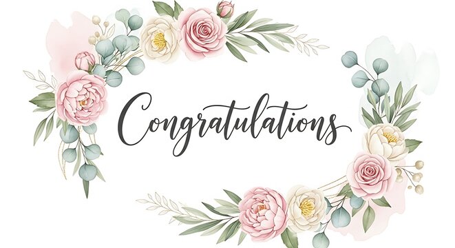 Elegant Floral Congratulations Greeting Card with Soft Pastel Roses and Eucalyptus Leaves.