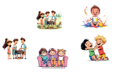 Vsai children friends engaging various activities illustration set
