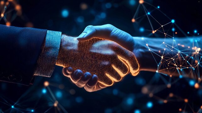 Elegant handshake establishing innovative digital partnership with connected network, symbolizing trust and collaboration for modern business ventures